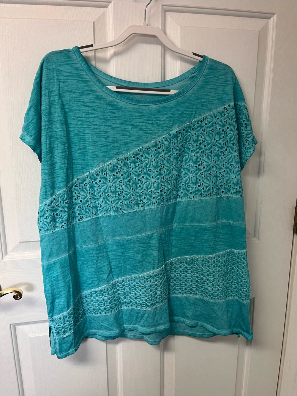Lane Bryant Turquoise Eyelet & Knit Panel Short Sleeve Tunic Top
